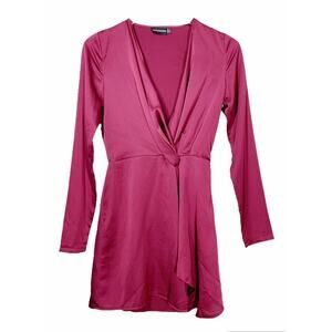 PrettyLittleThing Satin Wrap Mini Dress – Burgundy (Size 2)